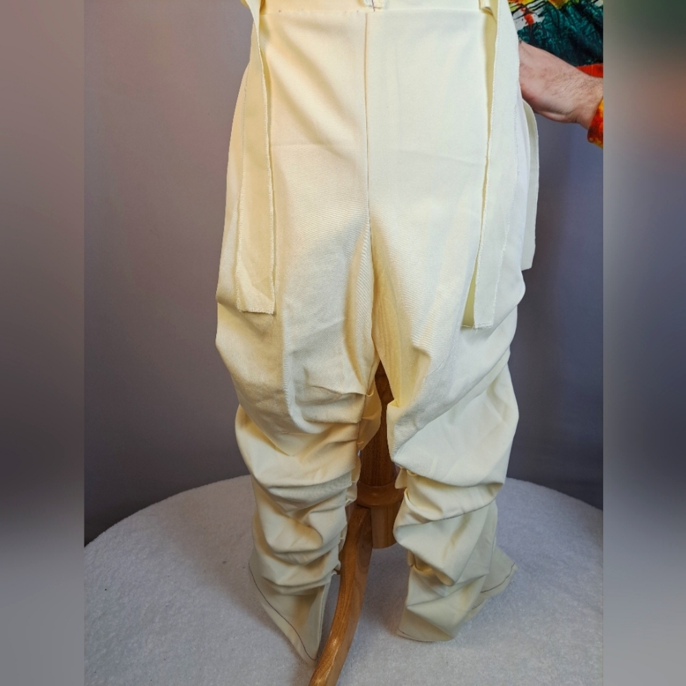 Cream Handmade Ruched Balloon Pants with Purple Thread Accents W  28-29" Waist